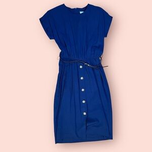 1980’s Vintage Elegant Blue Dress with Button Detail and Thin Leather Black Belt